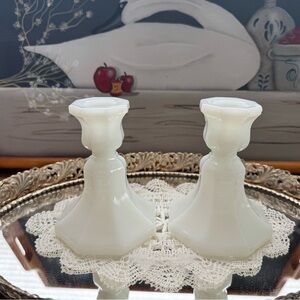 White Milk Glass Candlestick Holders - Pair